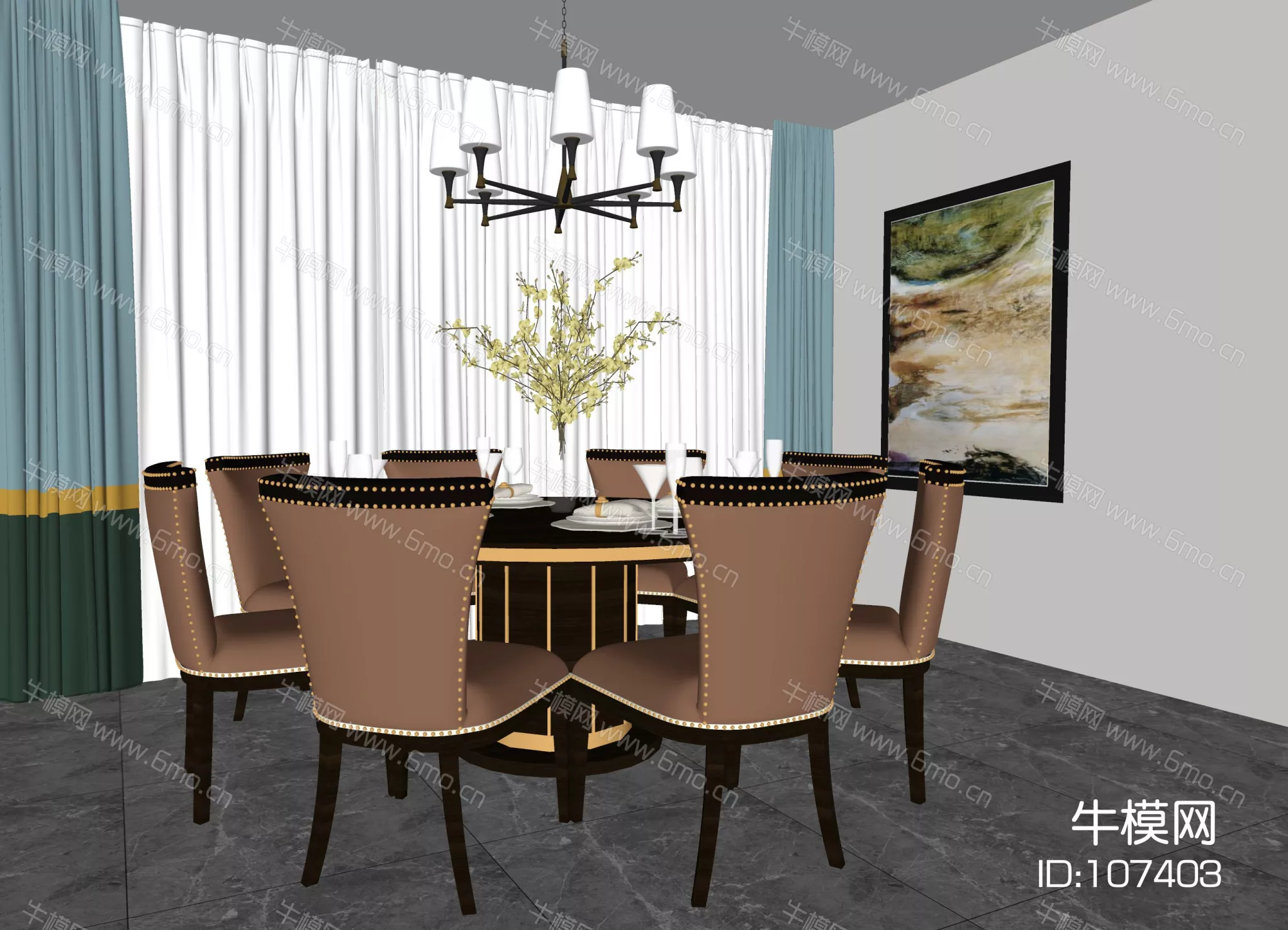 AMERICAN DINING TABLE SET - SKETCHUP 3D MODEL - ENSCAPE - 107403