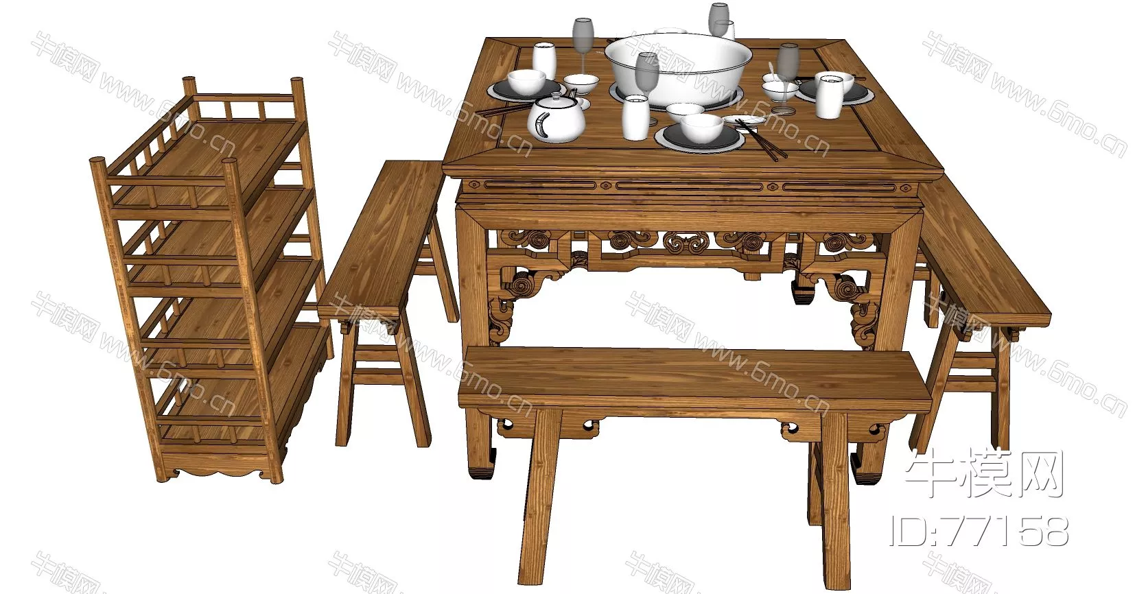 CHINESE DINING TABLE SET - SKETCHUP 3D MODEL - ENSCAPE - 77158