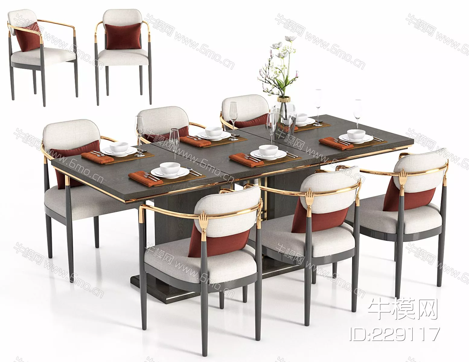 CHINESE DINING TABLE SET - SKETCHUP 3D MODEL - VRAY - 229117