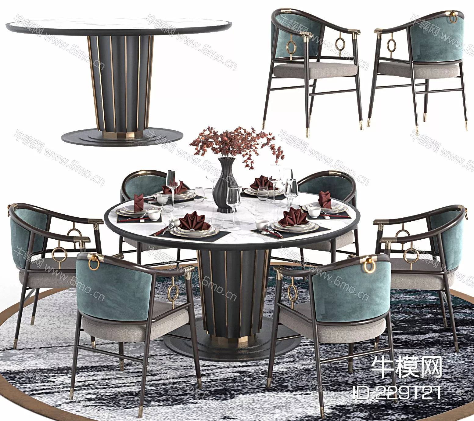 CHINESE DINING TABLE SET - SKETCHUP 3D MODEL - VRAY - 229121